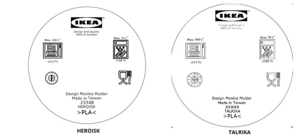 A black and white label for the HEROISK and TALRIKA displaying symbols for Dishwasher safe and cookware safe, among others.