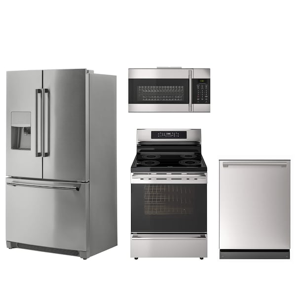A collection of stainless steel appliances against a white background including a fridge, dishwasher, range and microwave.