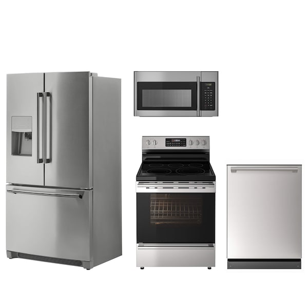 A collection of stainless steel appliances including a fridge, dishwasher, oven and microwave against a white background.