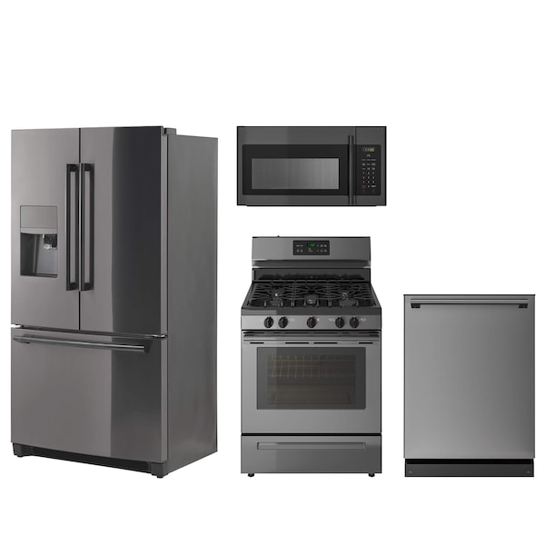 A selection of appliances in Black Stainless Steel against a white background.
