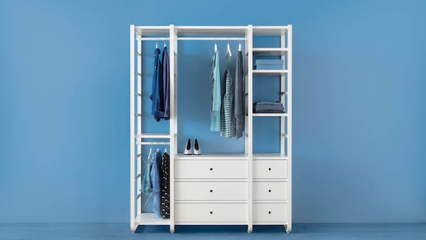 A white storage system against a blue background.