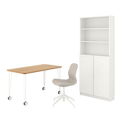 ANFALLARE/LÅNGFJÄLL / BILLY/OXBERG Desk and storage combination, and swivel chair bamboo/beige white