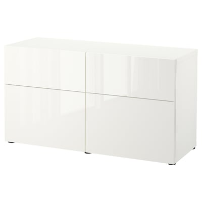 BESTÅ Storage combination w doors/drawers, white/Selsviken high-gloss/white, 47 1/4x16 1/2x25 5/8 "