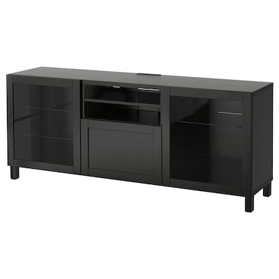 BESTÅ TV unit with drawers, black-brown/Hanviken/Stubbarp black-brown clear glass, 70 7/8x16 1/2x29 1/8 "