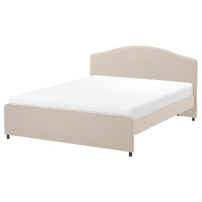 HAUGA Upholstered bed frame, Lofallet beige, Queen