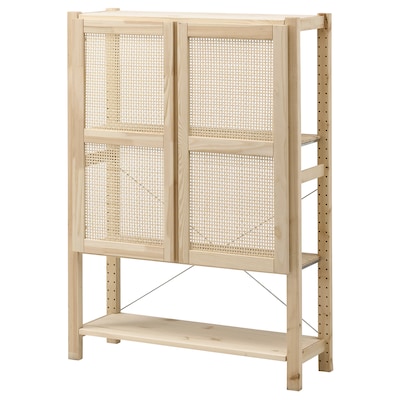 IVAR Shelf unit with doors, pine, 35x11 3/4x48 7/8 "