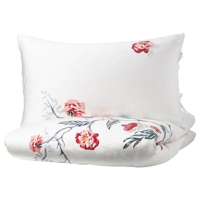 JÄTTELILJA Duvet cover and pillowcase(s), white/floral patterned, Full/Queen (Double/Queen)