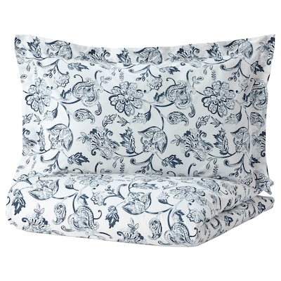 JUNIMAGNOLIA Duvet cover and pillowcase(s), white/dark blue, Full/Queen (Double/Queen)