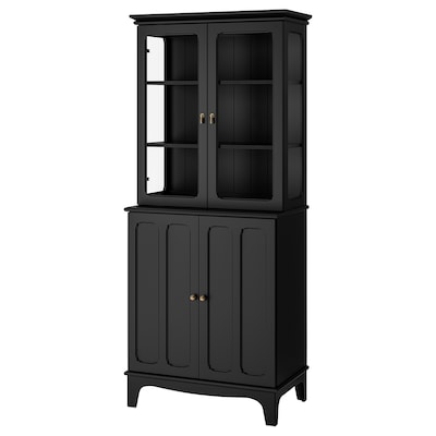 LOMMARP Cabinet with glass doors, black, 33 7/8x78 3/8 "