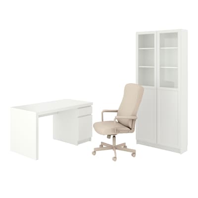 MALM/MILLBERGET / BILLY/OXBERG Desk and storage combination, and swivel chair white/beige