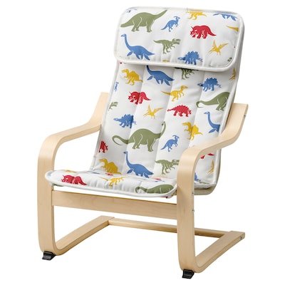 POÄNG Kid's armchair, birch veneer/Medskog dinosaur pattern