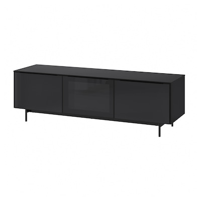 RANNÄS TV unit with doors, black/black glass, 70 7/8x15 3/4 "