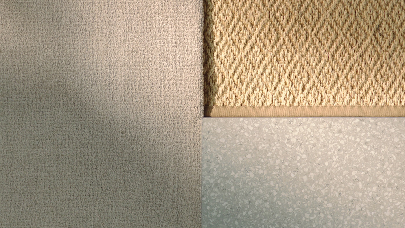 Three different types of beige/grey materials from home furnishing products, arranged in a rectangular pattern.
