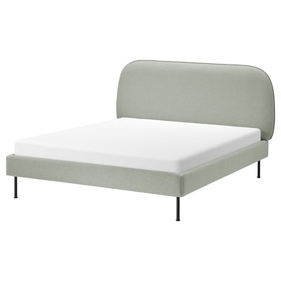 VADHEIM Upholstered bed frame, Gunnared light green, Queen