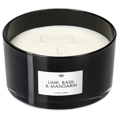 VANSKLIG Scented candle in glass, 3 wicks, Lime, basil and mandarin/black