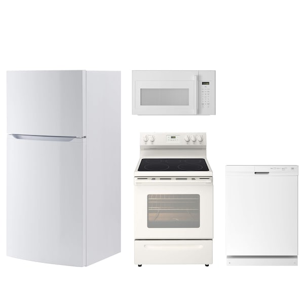 White kithen appliances including a fridge, oven, dishwasher and microwave against a white background.